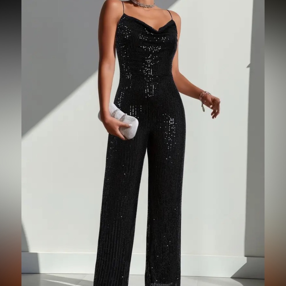 SHEIN Black Sequin Strapless Jumpsuit